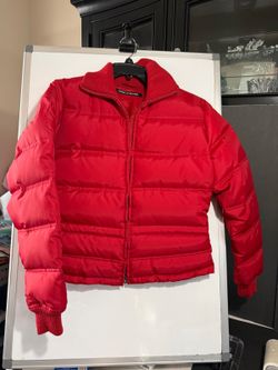 DKNY Jeans Red Puffer Jacket with Ribbed Collar and Logo Detail, Size M