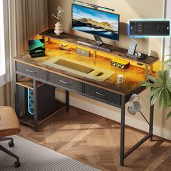 47Inch Home Office Computer Desk with Power Outlets & LED Light,3 Drawers & Storage Shelves | Multi-Functional Writing Desk with Monitor Stand, 