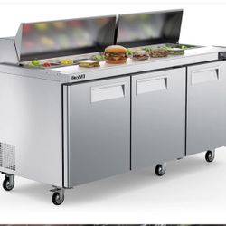 Coolski 72" W Commercial Refrigerator 3 Door Salad/ pizza/sandwich Prep Table With 18 Pans 22 Cu.ft. Capacity