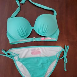 Victoria's Secret Push-up Side Tie Bikini 34C/Small Darker In Person Turquoise NWOT reg $97