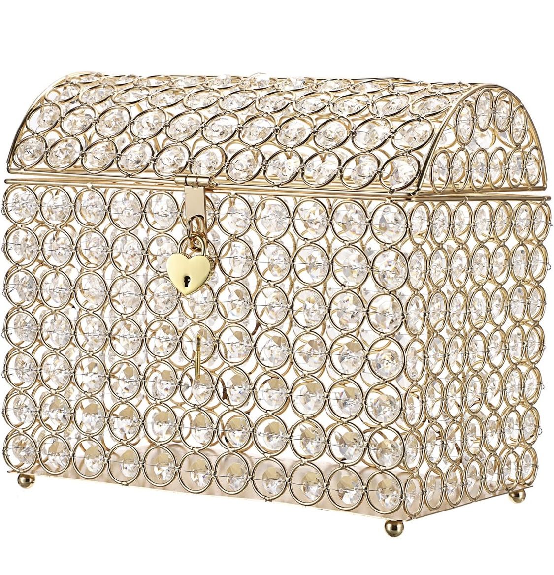 ELLDOO Crystal Wedding Card Box with Heart Lock, Money Card Box Treasure Chest Style Gold Gift for Wedding Receptions Centerpiece Decor Anniversary Ke