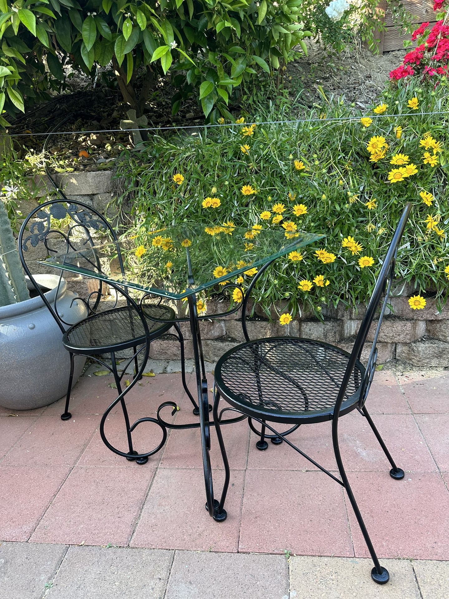Wrought Iron Bistro Table Set!  Very Heavy And Strong.  Delivery Available For Extra Fee. 