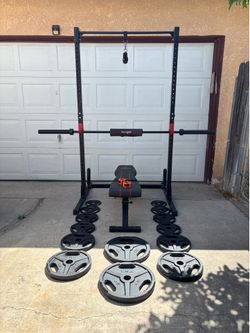 Olympic Weights, 7-ft Olympic Bar, Adjustable Bench, Squat Rack