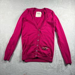 Y2K Hollister Cardigan Sweater Women’s M Hot Pink Preppy Babydoll Vintage #11A