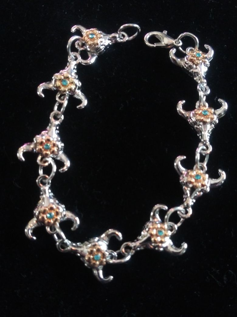 Silver plated & GOLD PLATED BUFFALO HORN & RHINESTONE BRACELET~7.50 in.