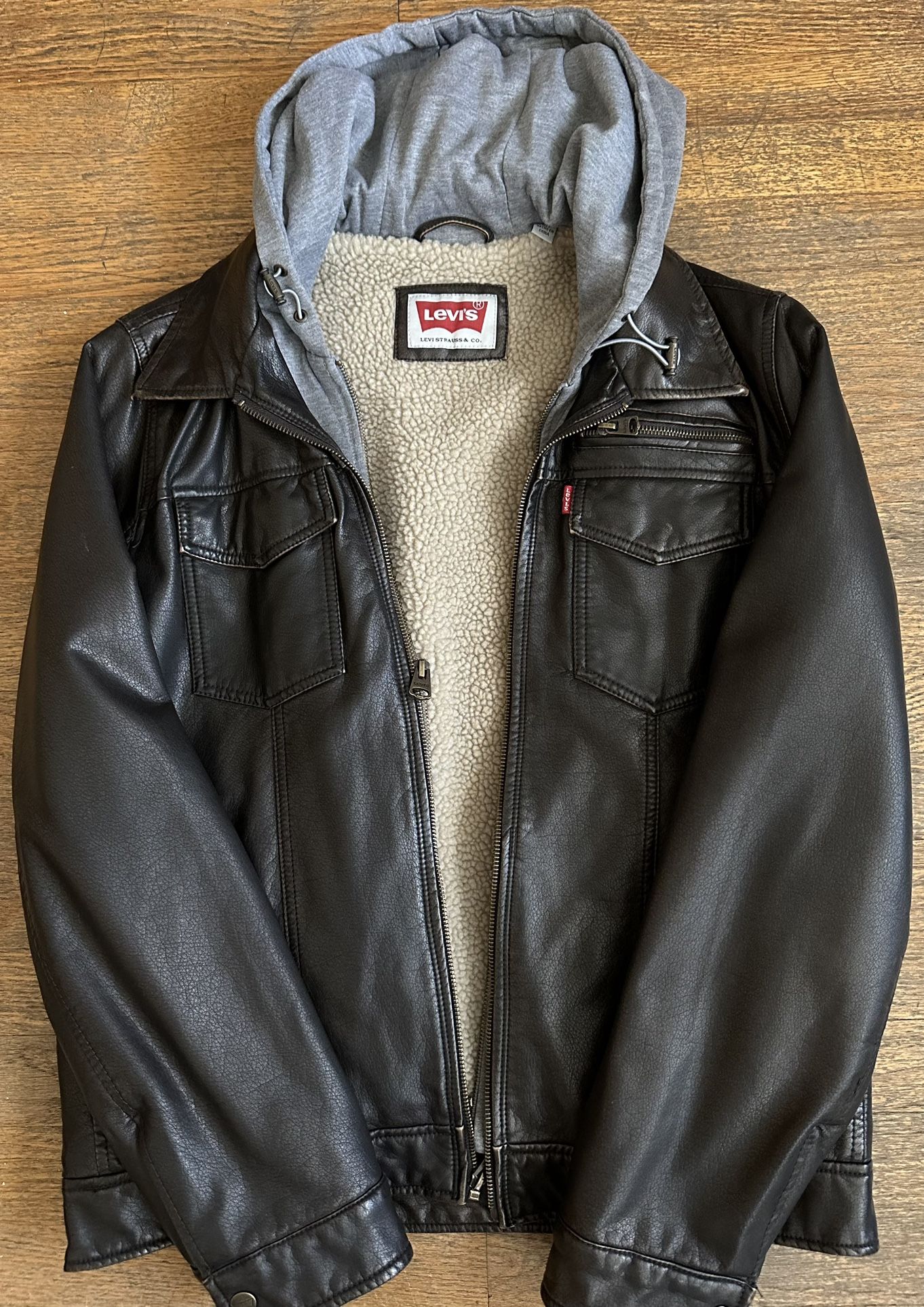 Levi Men’s Hooded Faux leather Jacket