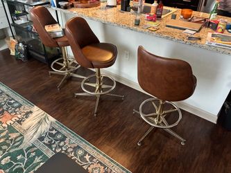 Set of 3 Brown Leather Bar Stools