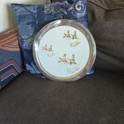  Revere Ware MCM Ceramic and Metal Serving Tray Pheasants and Quails