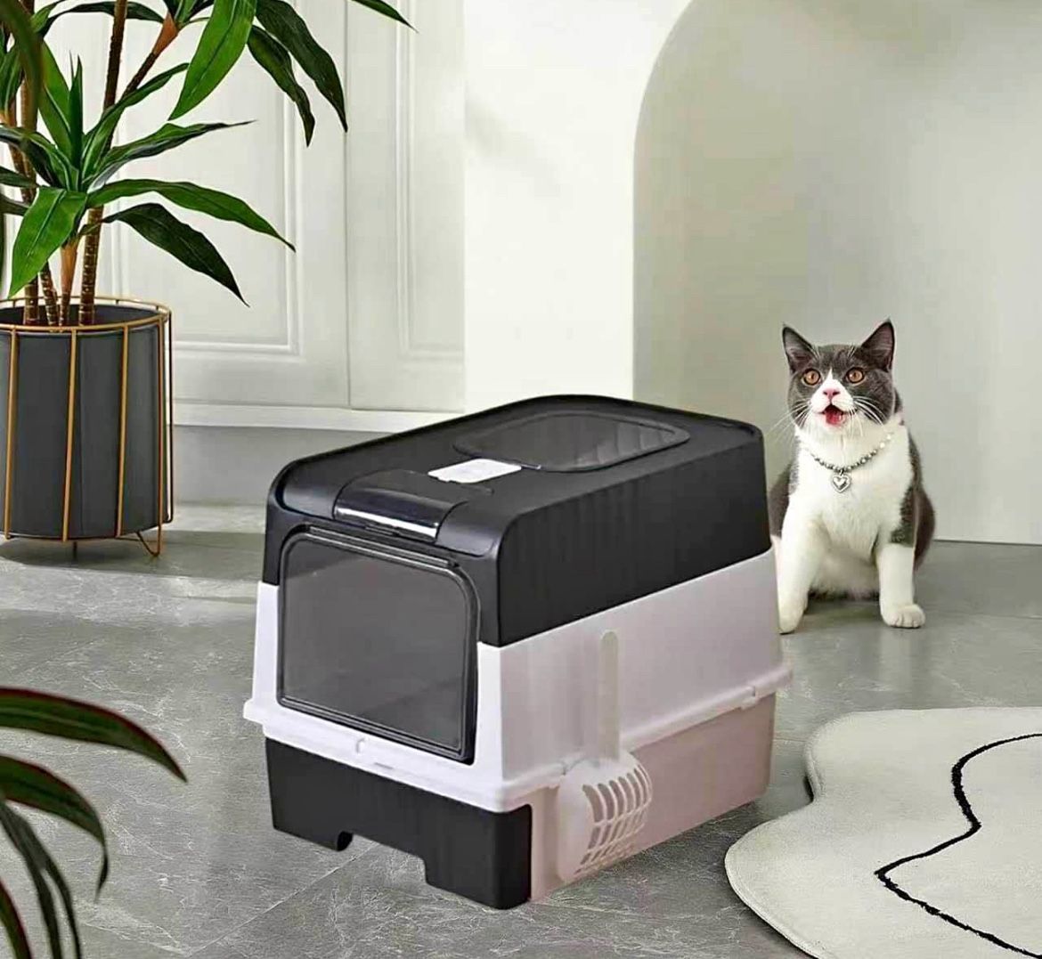 Litter Box With Lid - Fully Enclosed Cat Potty, Anti-Splashing Toilet, Self-Cleaning With Scoop, Drawer Type Front Entry Top Exit