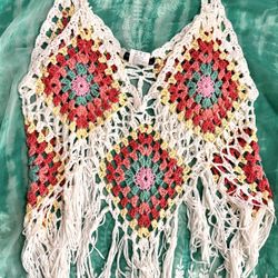 Vivid Importers of New York Crochet Boho Top Summer Pastels & White Size S/M Wom