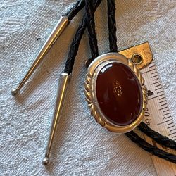 Sterling Silver and Carnelian Oval Concho Bolo Tie Native American