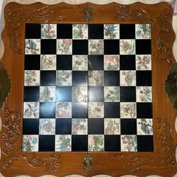 Asian Chinese Style CHESS SET Vintage Carved Wood Box 