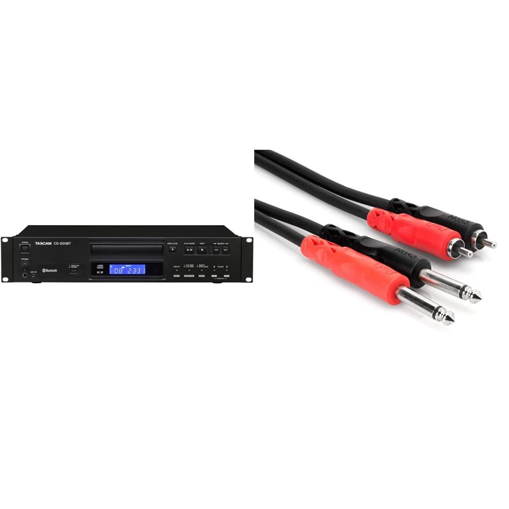 Tascam CD-200BT Rackmount Professional CD Player With Bluetooth Wireless & Hosa CPR-202 Dual 1/4" TS To Dual RCA Stereo Interconnect Cable, 2 Meters C