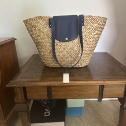 LOFT Large Navy and Woven Tote Bag