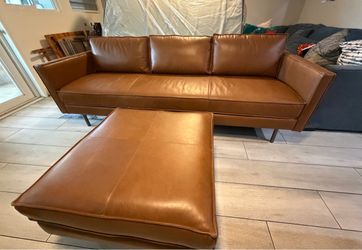 West elm axel Tan Leather Sofa with Ottoman