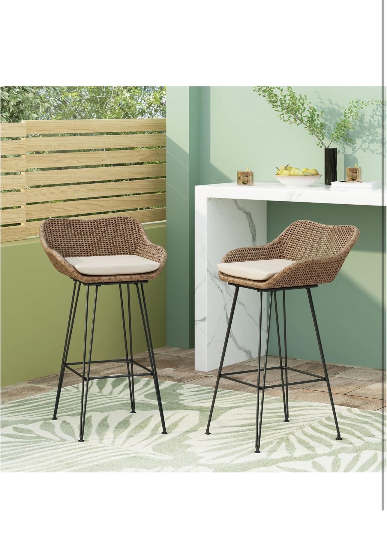 Set of 4 29.25" Outdoor Wicker and Iron Low Back Barstools - Light Brown, with Beige Cushion