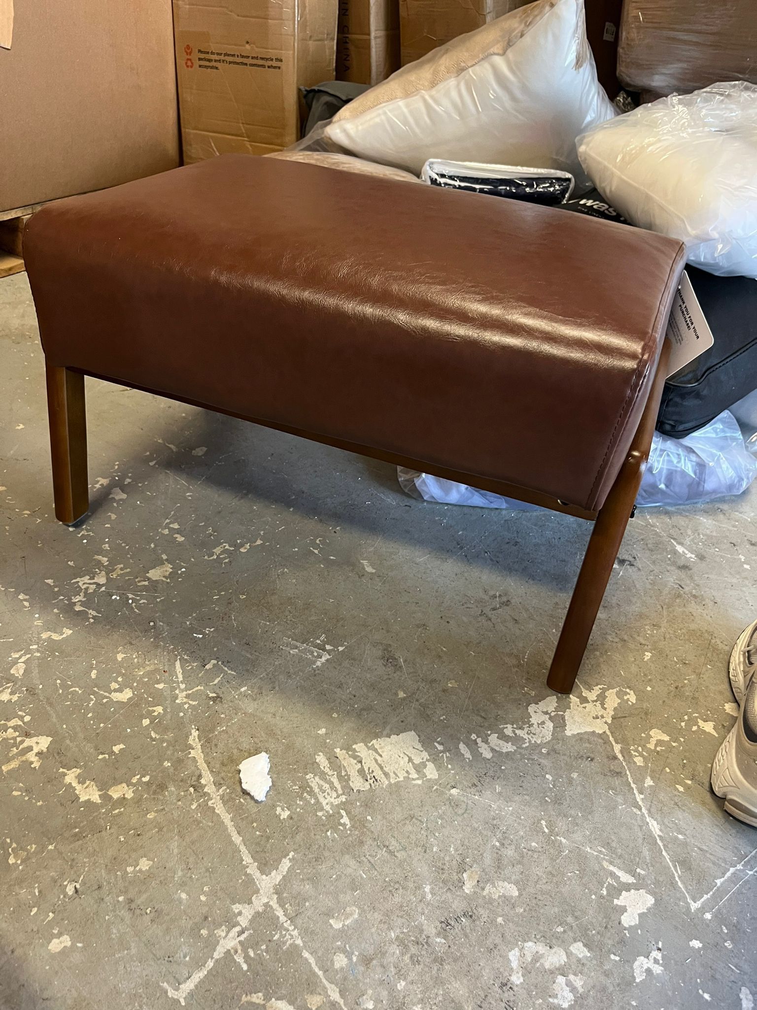 Mid-century Modern Yellowish-brown Leatherette Accent Stool with Walnut Rubberwood Legs
