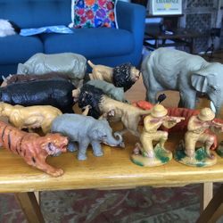 21 Vinatage 1960s Celluloid or Plastic Safari Animal with Hunters