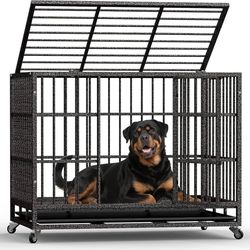 48In Heavy Duty Dog Crate, Indestructible Escape-Proof Kennel for Large Dogs, XL Dog Crates, Double Door, with Removable Tray and Wheels, Ideal for Hi