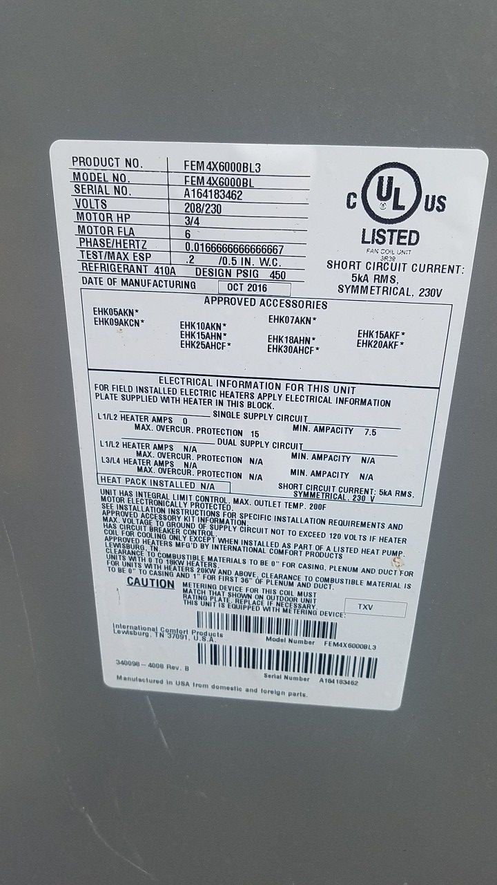Heater Tempstar FEM4X6000BL - 5 Ton, R410A, Multi-position ECM Motor Fan Coil, With TXV, Aluminum Tube, Aluminum Fin