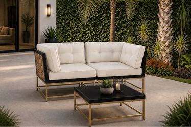 New Luxury Patio Sofa Outdoor Furniture Sets, 3 Pieces All-Weather Rattan Sectional Sofa with Tea Table and Cushions, PE Rattan Wicker Sofa Couch Conv