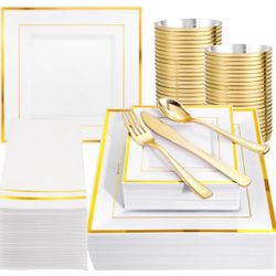 Festiva 350Pcs Gold Plastic Plates - Disposable Square Gold Plates Dinnerware set include 9.5"/6" Plates,Cups,Plastic Cutlery,Hand Napkins Perfect for