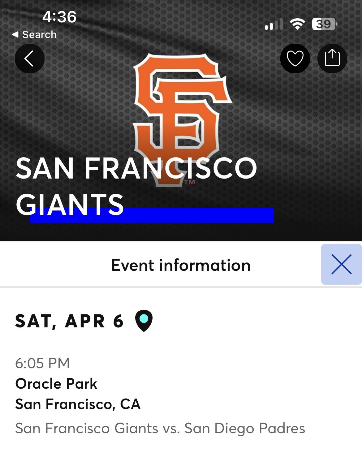 Selling 1x Standing Room Only Ticket For Bobble Head Day On Saturday April 4th