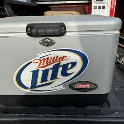 VINTAGE COLEMAN 54 Quart  MILLER LITE STAINLESS STEEL Belted COOLER ICE CHEST Camping Fishing