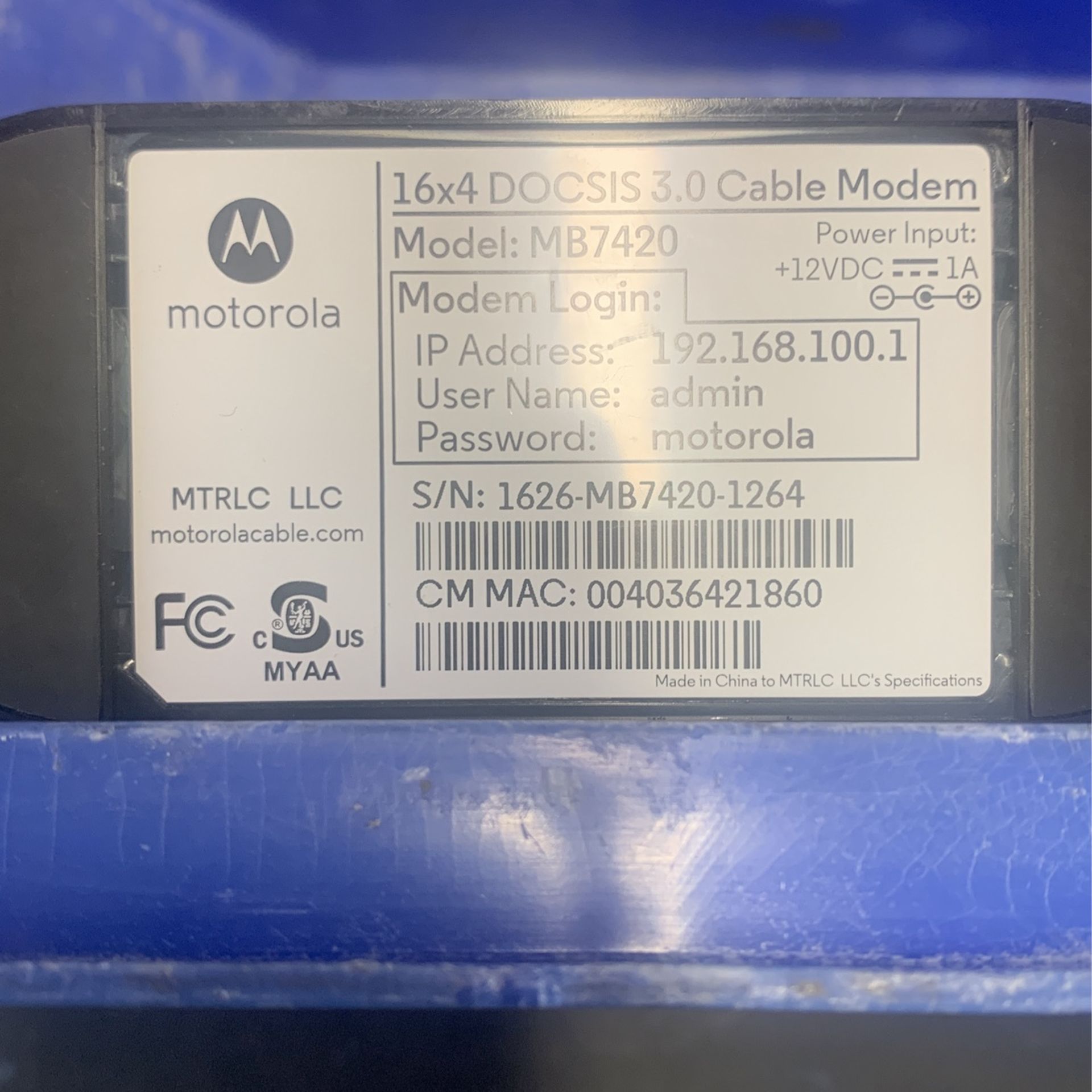 Motorola Mb7420 16x4 686 Mbps Docsis 3.0 Cable Modem