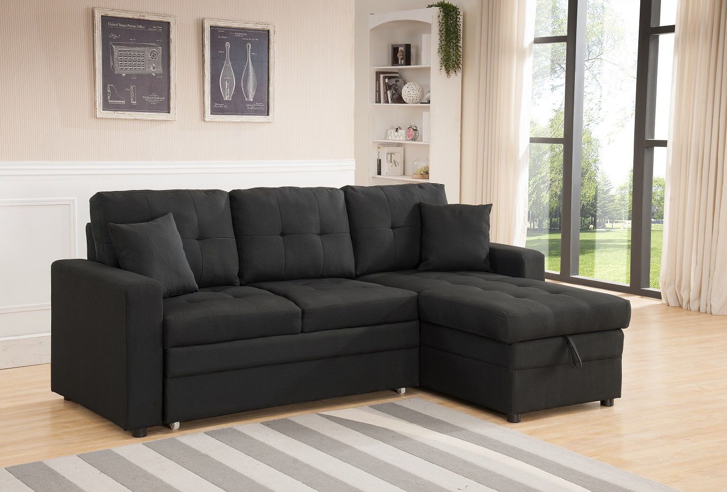 Brand New BLACK Linen Fabric Pull Out Sectional Sofa Bed W/ Storage & Pillows
