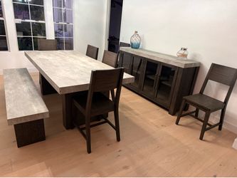 Titan 82” Dining Table, with matching hutch, 6 chairs, and 74” bench, grey & brown, like new