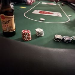 Custom RFID Poker Table With Lit Backrailing And Wooden Base