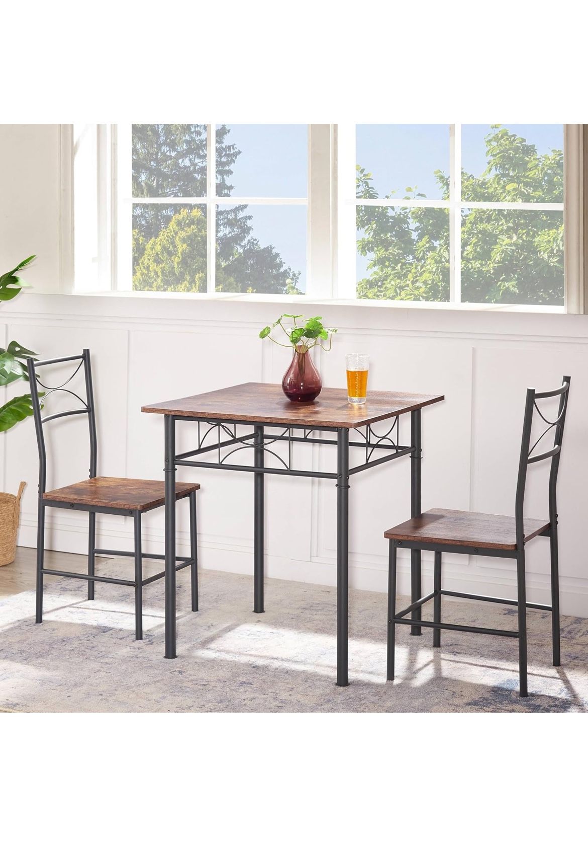 Retro Small Kitchen Dining Room Table Set and Chairs, Square Bistro Sets with 2 Chairs, 3-Piece Pub Dining Furniture, Wood Top for Breakfast Dinner Co