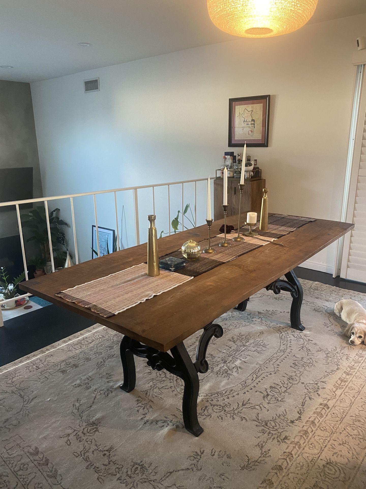 Vintage Industrial Dining Table with Solid Teak Wood Top and Cast
