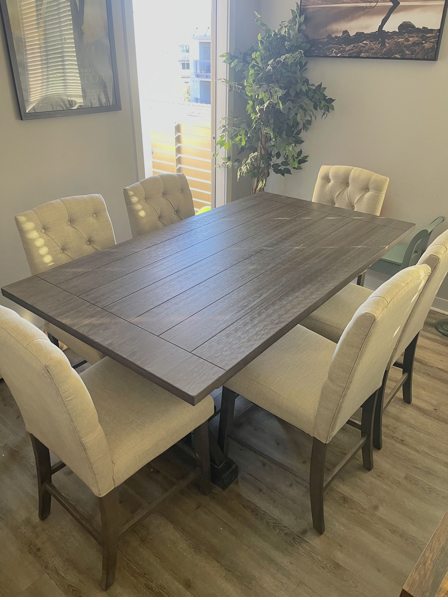 Rustic Dining Table Set - Counter Height Dining Table w/ 6 Beige Tufted Chairs