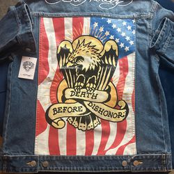 Ed Hardy American Flag Denim Trucker Jean Jacket Men Death Before Dishonor Don Blue Eagle Size