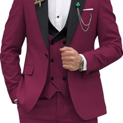 HANBANGWEI Mens 3 Piece Suit Slim Fit Suits For Men Mens Tuxedo Suit Set Black And Burgundy Suit Men Size Small