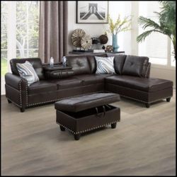Espresso Brown Leather Sectional Sofa Couch With Cup Holders,  Storage Ottoman And Pillows 