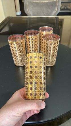 Vintage Culver 22K Gold Cannella Bar Glasses, Set of 5 Hollywood Regency Highballs