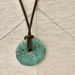 Turquoise Pendant Necklace On Brown Cord 
