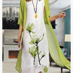 Two-Piece Set Maxi Dress  Chiffon Cardigan  Floral Print Midi Dresses