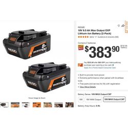 (2-Pack) Ridgid 8Ah MAX OUTPUT EXP 18V Batteries