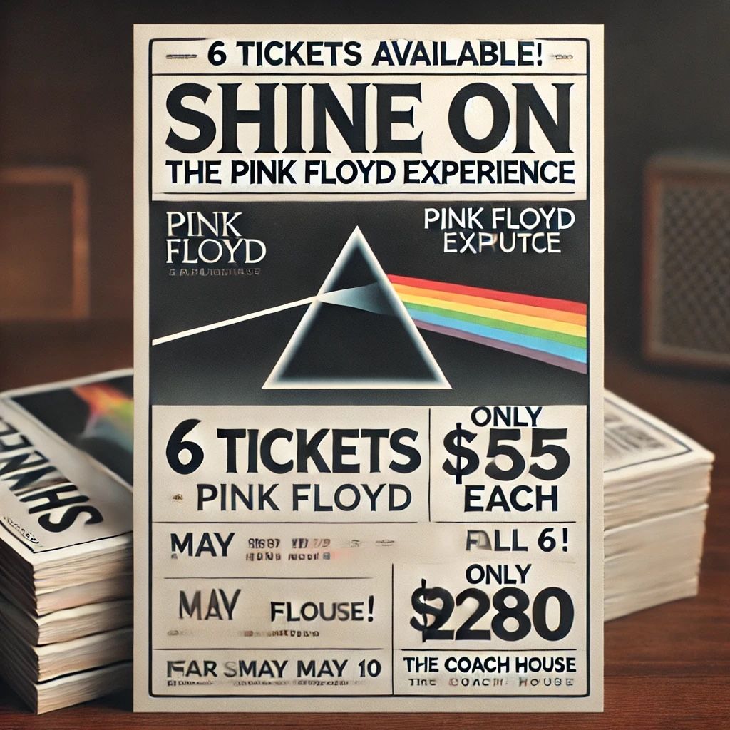 6 Tickets – Shine On: The Pink Floyd Experience – May 10 @ The Coach House Price: $55 each or $100 for 2, $280 for all 6 Location: San Juan Capistrano