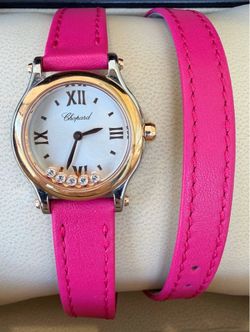 Chopard Happy Sport 25mm Silver Dial Floating Diamonds 18K Rose Gold & Stainless Steel Pink Blue Crocodile Leather Straps 278620-6001 quartz Watch