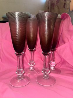 Danube Hand Blown Glass Amethyst Purple Wine Fluted Champagne Set of 4