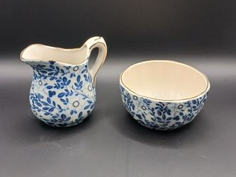 vintage creamer and open sugar bowl set in the Blue Calico pattern by Burleigh from Staffordshire, England