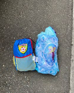 Kids camping sleeping bags. Frozen and soccer themed.