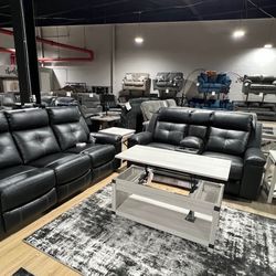 Beautiful Black Leather Reclining Sofa Set -Easy Clean- Different Styles Available - Leather Electrical  Sectional - SAMEDAY DELIVERY - NO NEED CREDIT