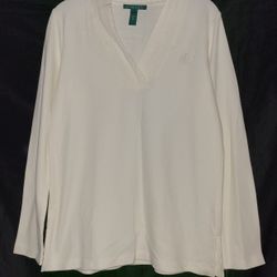 Lauren Ralph Lauren Long Sleeve Cream V Neck Sweatshirt Size S 