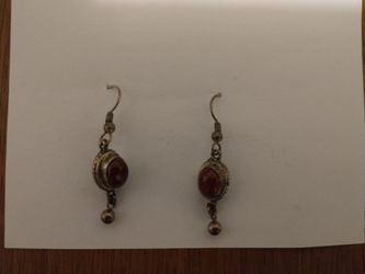 Antique Carnelian Stone Drop Hook Earrings in Sterling Silver